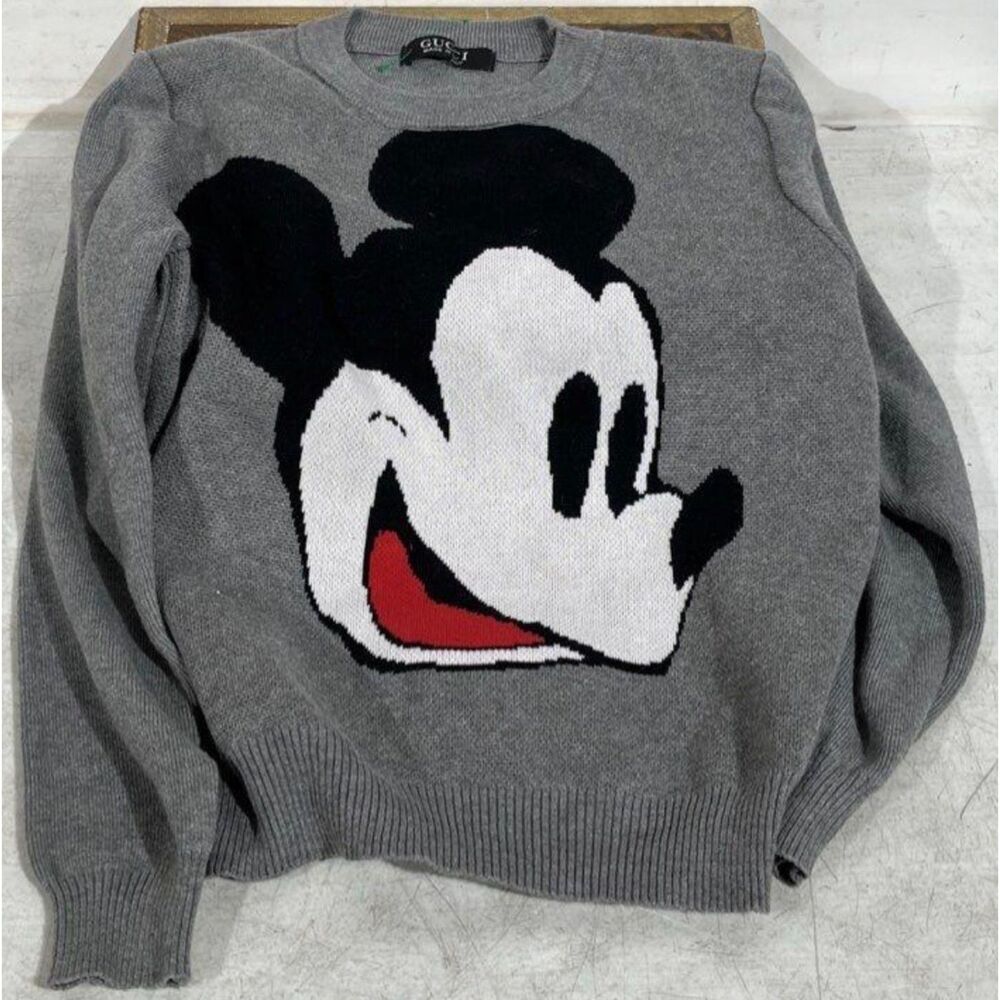 Mickey Mouse Gray Knit Sweater Oversized Graphic Intarsia Pullover